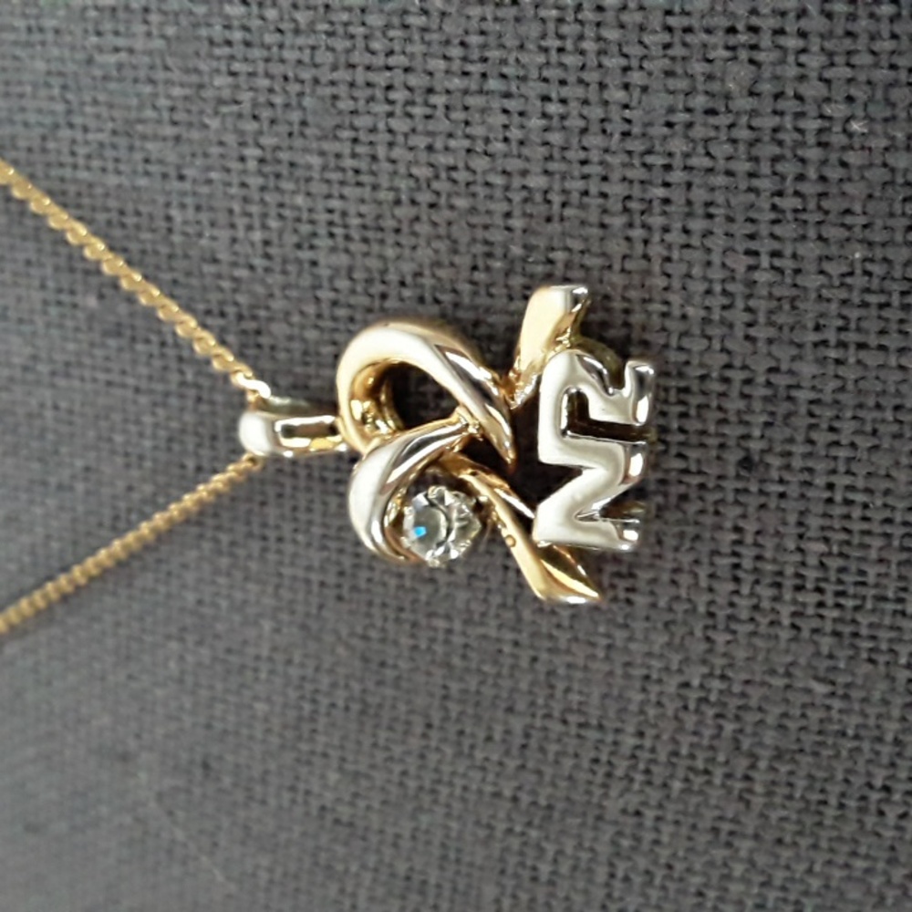 Signed NINA RICCI Ribbon Heart & Crystal Necklace Gold/Silver
